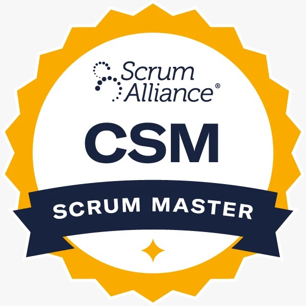 Insignia Certified Scrum Master (CSM) de Scrum Alliance; enlace a credenciales en BadgeCert.